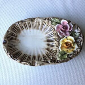 Capodimonte Italy Porcelain Floral Soap Dish Trinket Plate Basket Weave Pattern